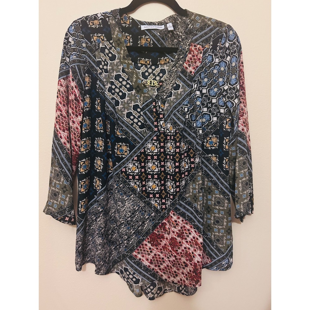 Notations Patchwork Tunic Top Womens Small Multicolor V-Neck 3/4 Sleeve 011-N